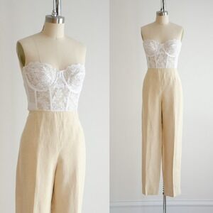 high waisted‎ pants 90s vtg Bernard Zins beige silk linen straight leg trousers